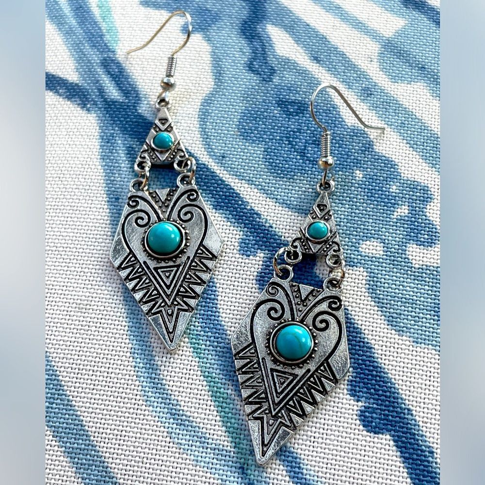 Turquoise Diamond Silvertone long drop earrings gift wife mom silver color new